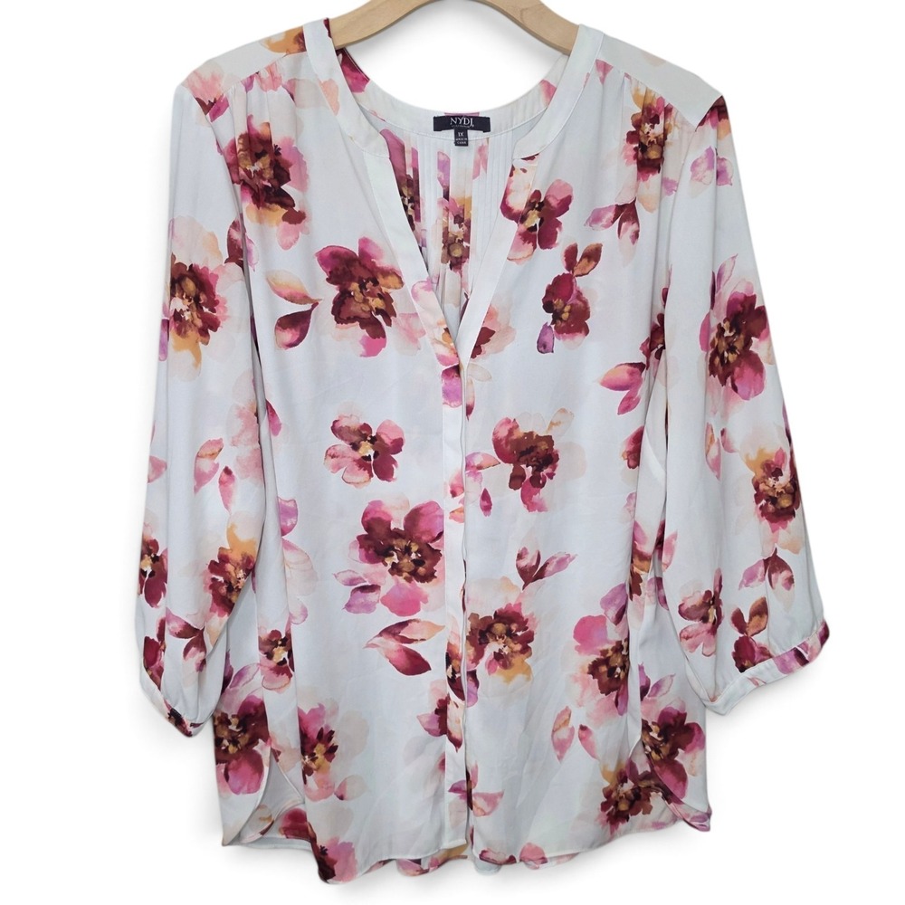NYDJ Blouse Womens 1X White Floral Pintuck Split V Neck 3/4 Sleeve Tunic Top